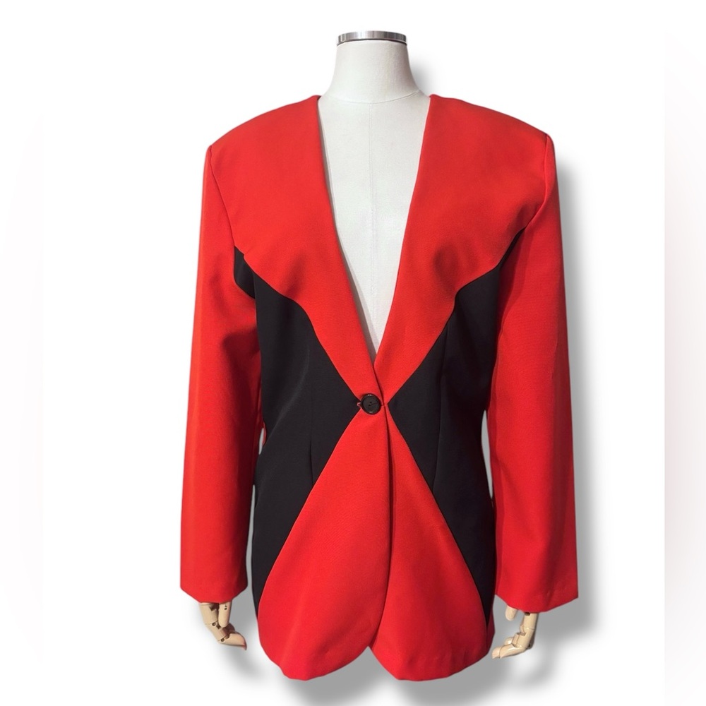 FREDRICK’S OF HOLLYWOOD Red & Black Harlequin Single Button Blazer VINTAGE